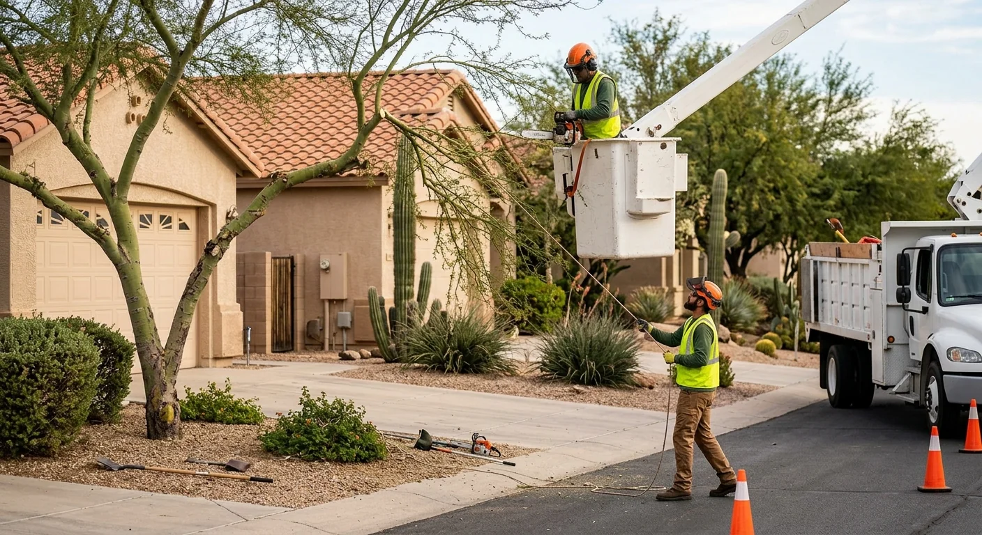 Arborist reviewing a written tree service estimate with a homeowner in Tolleson