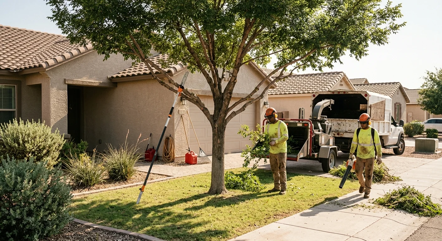 Freshly pruned shade tree with balanced canopy in a residential front yard