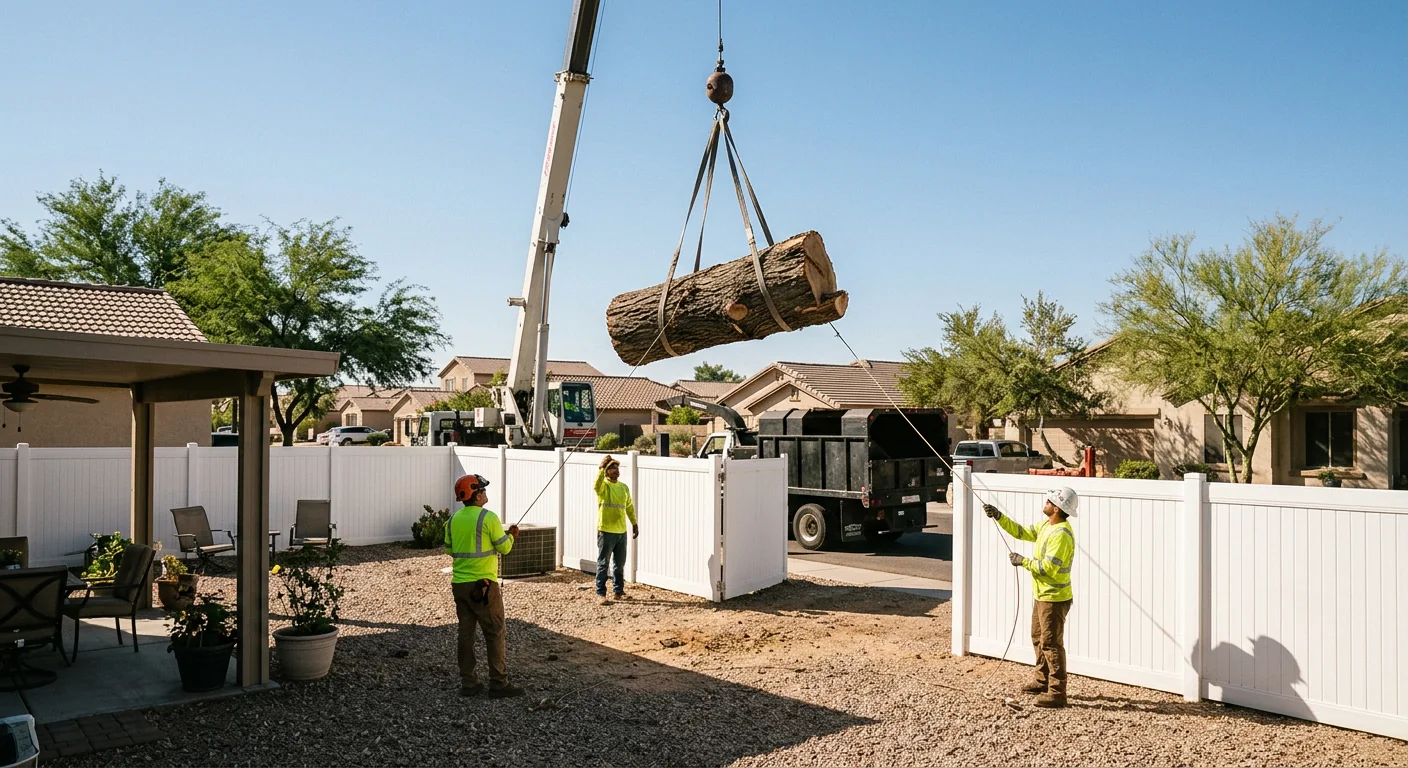 Crane lifting a heavy trunk section over a fenced backyard during removal